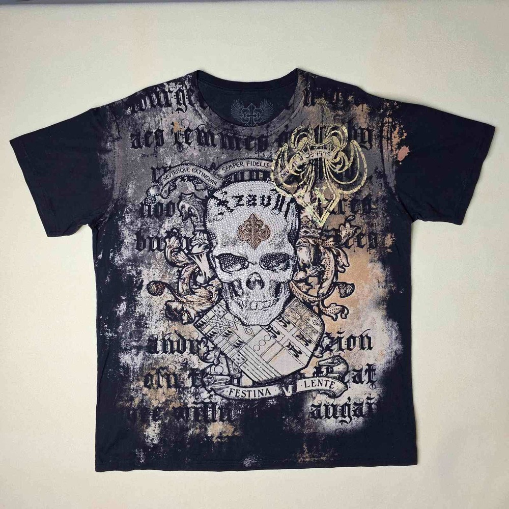 AXR Xzavier Skull T-Shirt Mens 2XL Black Rhinestone Y2K MMA Goth Grunge Rock USA